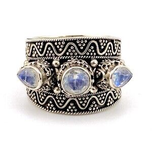 Vintage 1990s Blue Flash Moonstone Sterling Silver 3 Stone Cigar Band Ring Sz 7